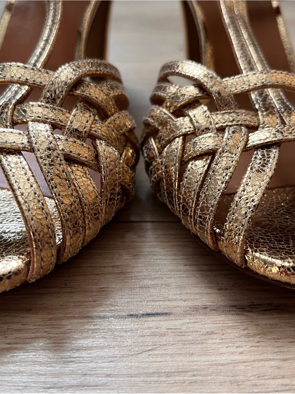 Sezane Gold Metallic Woven T-Strap Heels - Picture 2 of 13